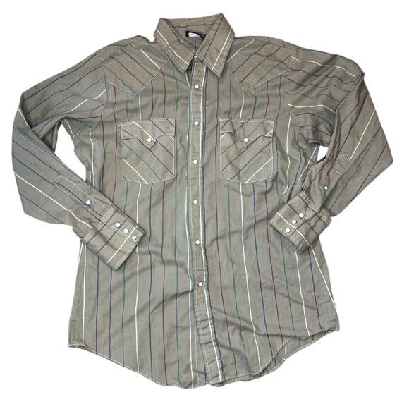 Vtg Holt Western Pearl Snap Mens Medium Brown Striped Button Down Shirt USA Made - Picture 1 of 6